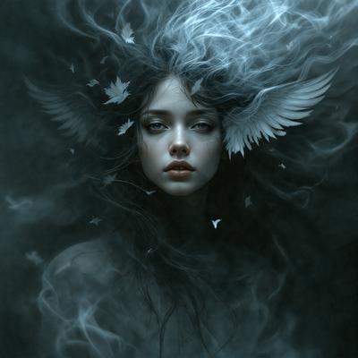The primary subject of the image is a woman with long hair, wearing a bird-like costume. She is surrounded by a dark, foggy environment, which adds to the overall mood of the scene. The visual style of the image is a combination of photo and digital art, creating a surreal and dreamy atmosphere. The woman's costume and the surrounding foggy environment evoke a sense of mystery and intrigue.